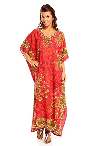 NEU Damen überdimensional Maxi Kimono Kaftan Tunika Kaftan Kleid gratis, Rot, Gr. 46-50 (Etikett: 29 inch) von Looking Glam