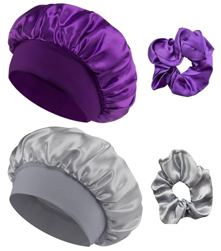 Loomify Satin Schlafhaube,2 Stück Seidenhaube Verstellbar Haarhaube Seide mit 2 Stück Satin Haargummis,Nacht Schlaf Haube Damen Mädchen Atmungsaktive Schlafkappe (Lila,Grau) von Loomify