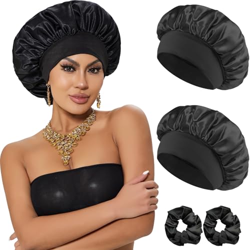 Loomify Satin Schlafhaube,2 Stück Seidenhaube Verstellbar Haarhaube Seide mit 2 Stück Satin Haargummis,Nacht Schlaf Haube Damen Mädchen Atmungsaktive Schlafkappe (Schwarz) von Loomify