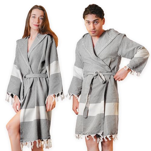 Loomvia Leichter Bademantel aus 100% Baumwolle 240 g/m² | M | Unisex Morgenmantel für Damen & Herren – Weich, Saugfähig & Atmungsaktiv | Ideal als Saunamantel, Spa oder Zuhause Schwarz von Loomvia