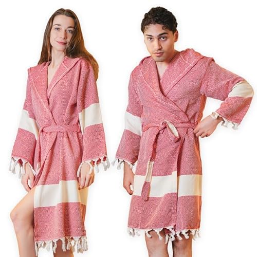 Loomvia Leichter Bademantel aus 100% Baumwolle 240 g/m² | XL | Unisex Morgenmantel für Damen & Herren – Weich, Saugfähig & Atmungsaktiv | Ideal als Saunamantel, Spa oder Zuhause Rot von Loomvia