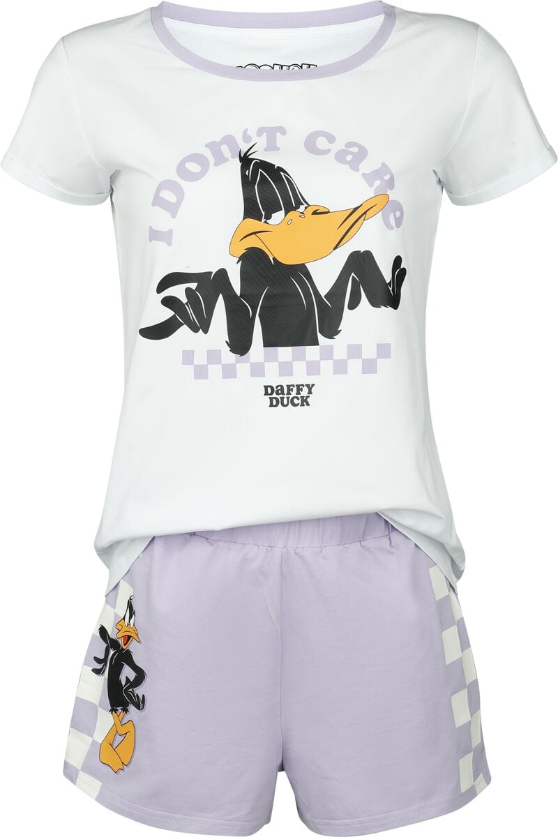 Looney Tunes Schlafanzug - Duffy Duck - I Don't Care - S bis XXL - für Damen - Größe L - weiß/lila  - EMP exklusives Merchandise! von Looney Tunes