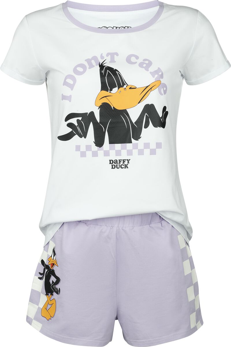 Looney Tunes Schlafanzug - Duffy Duck - I Don't Care - S bis XXL - für Damen - Größe XL - weiß/lila  - EMP exklusives Merchandise! von Looney Tunes