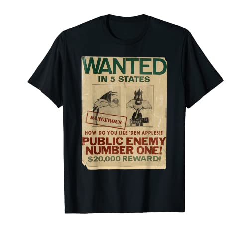 Looney Tunes Sylvester Wanted Public Enemy T-Shirt Schwarz Small Frauen Klassische Passform Halbarm Crew-Ausschnitt Retro Cartoon Hemd von LOONEY TUNES