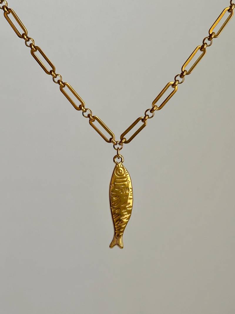 Edelstahl Fisch Tier Natur Halskette, 18 Karat Vergoldet, Wasserfest, Charms Mit Statement Kette, Angler Fisch, Gewässer, Edel von LoonyYouStudio