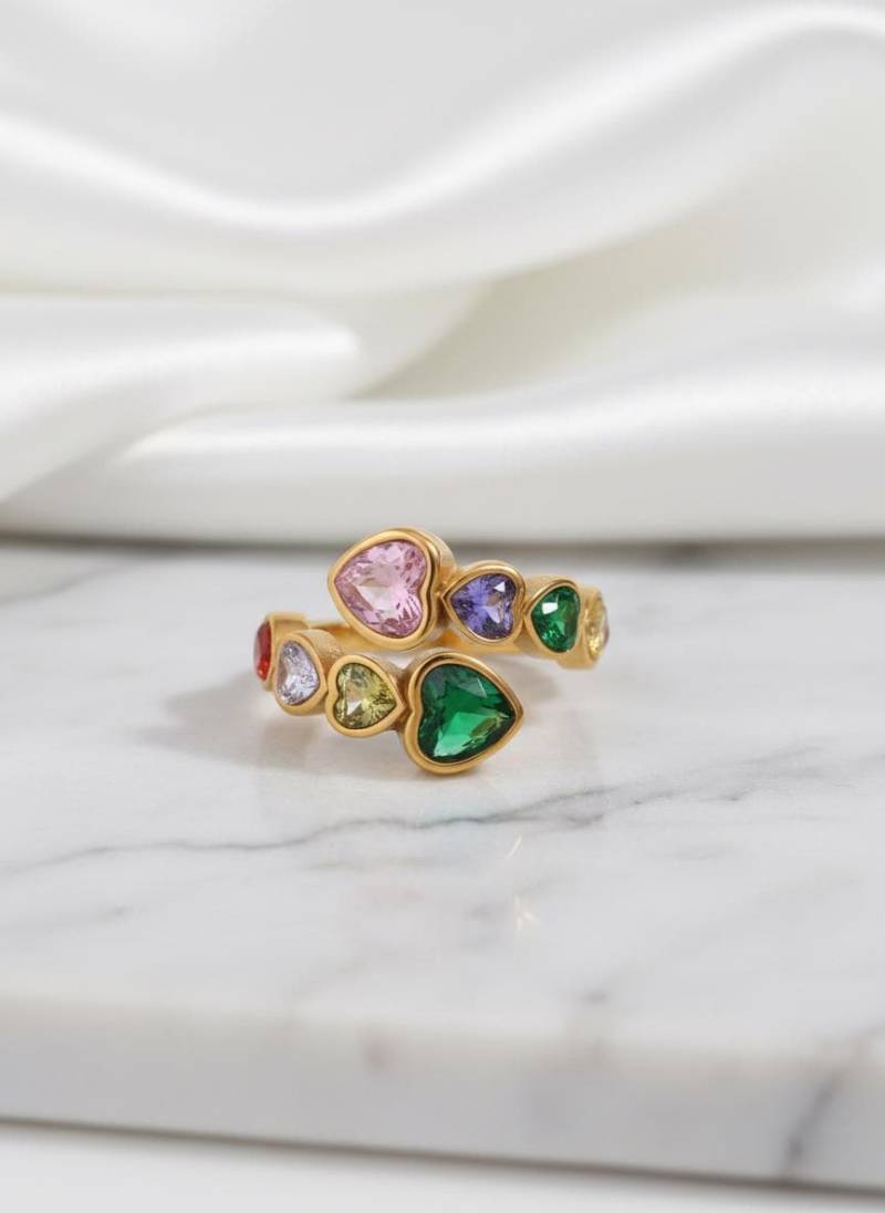 Herz Statement Ring, Farbenfroh 18 Karat Gold, Edelstahl, Wasserfest, Bunte Zirkonia Steine in Herzform, Romantisch, Liebe, Freundschaft von LoonyYouStudio