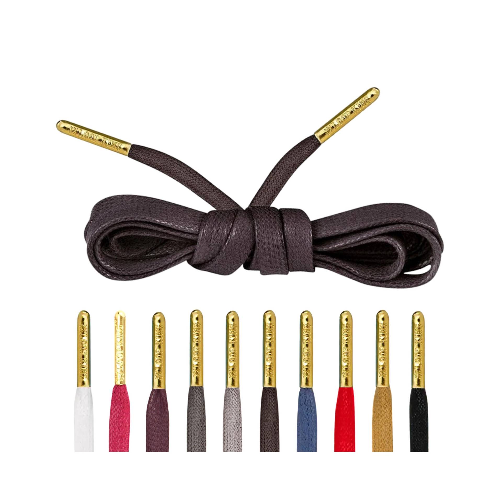 Exklusive Braune Flache Gewachste Schnürsenkel Mit Goldenen Metall Spitzen Von Loop King Laces von LoopKingLaces