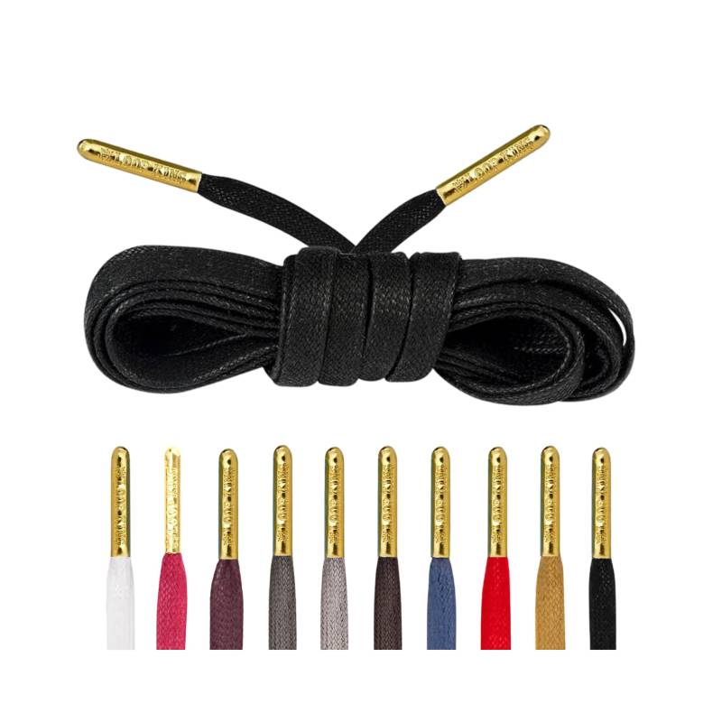 Exklusive Schwarze Flache Gewachste Schnürsenkel Mit Goldenen Metall Spitzen Von Loop King Laces Exklusive Schwarze Flache Gewachste Schnürsenkel Mit Goldenen Metall Spitzen Von Loop King Laces von LoopKingLaces