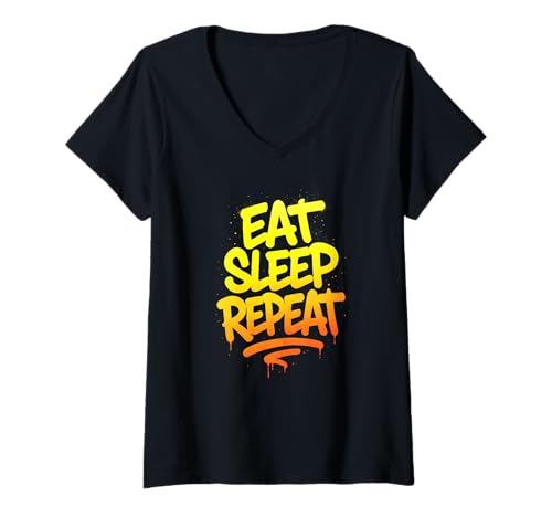 Damen Eat Sleep Repeat Graffiti-Schriftzug T-Shirt mit V-Ausschnitt Damen Eat Sleep Repeat Graffiti-Schriftzug T-Shirt mit V-Ausschnitt von LoopStreet