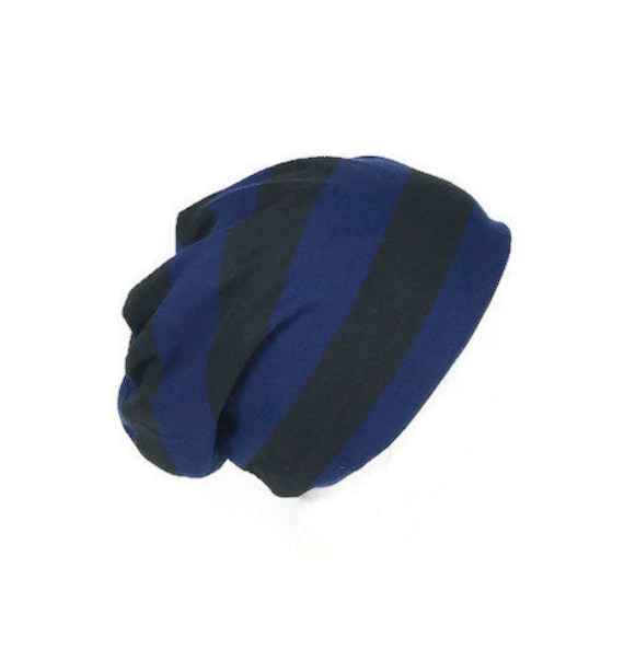 Royalblau Und Schwarz Streifen Slouchy Mütze Damen Jersey Beanie Wendemütze Herrenmütze Leichte Slouch Custom Größe von LooptheLoop