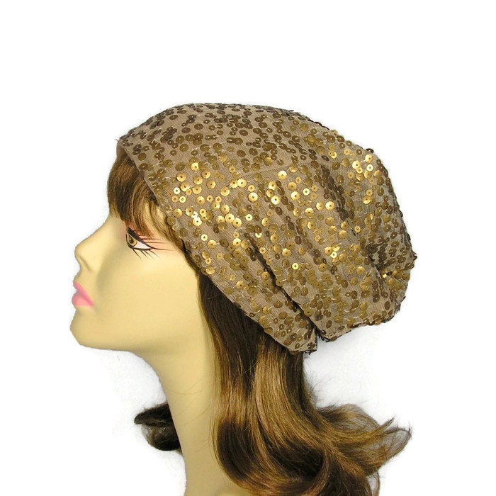 Taupe Pailletten-Hut Slouchy-Hut Bronze-Beanie Sequin Brauner Hut Tan Pailletten-Beanie Glam Chemo-Hut Für Haar-Verlust von LooptheLoop