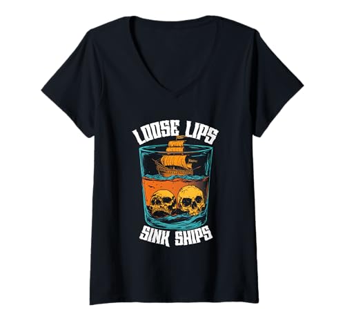 Damen Lose Lips Sink Ships Vintage Skull Pirate Herren Damen T-Shirt mit V-Ausschnitt von Loose Lips Sink Ships Traditional Nautical Vintage