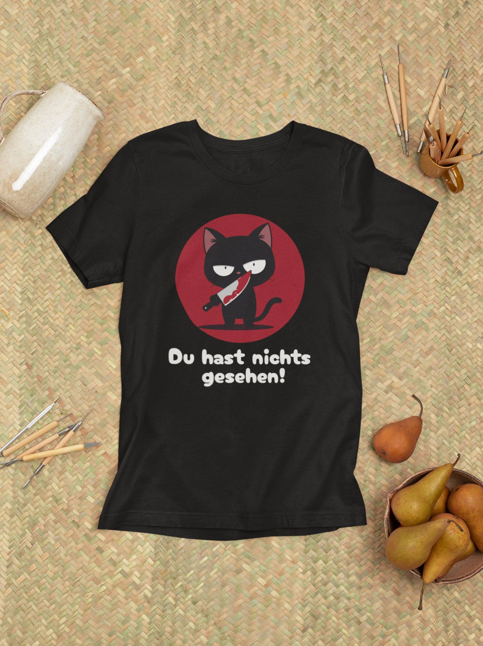 Lustiges Katzen T-Shirt - Psycho Cat "Du Hast Nichts Gesehen" | Schwarzer Humor Fun Shirt Gothic & Halloween Geschenk Für Katzenfans von LootFactory
