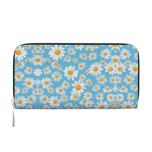 Damen-Geldbörse mit weißem Gänseblümchen auf hellblauem Hintergrund, Kreditkartenhalter, Handygeldbörse, lange Clutch-Handtasche von Lootpe