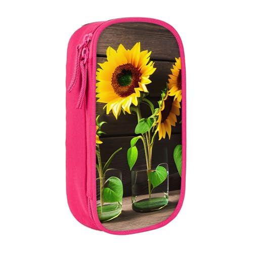 Federmäppchen mit drei Sonnenblumen auf Holzdruck, Aufbewahrungstasche, großes Fassungsvermögen, tragbare Büro-Stifttasche mit Reißverschluss von Lootpe