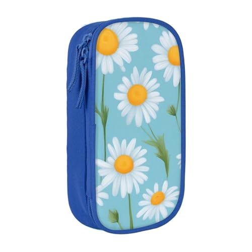 Federmäppchen mit weißem Gänseblümchen auf hellblauem Hintergrund, Aufbewahrungstasche, großes Fassungsvermögen, tragbare Büro-Stifttasche mit Reißverschluss von Lootpe