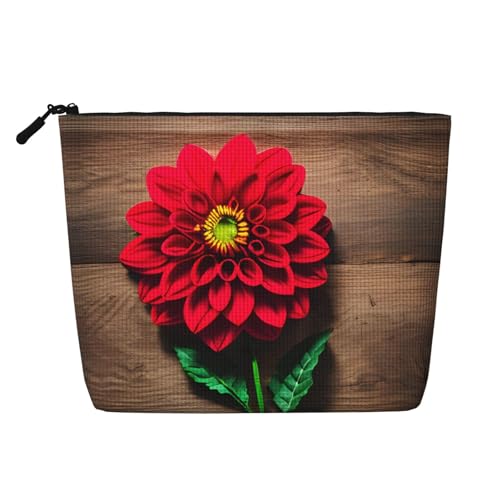 Holzbrett Retro Blume Rot Dahlie Druck Reise Make-up Tasche Große Kapazität Kosmetiktasche für Frauen Tragbare Kosmetiktasche Kulturbeutel von Lootpe