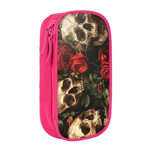 Lootpe Federmäppchen mit Totenkopf-Motiv und roter Rose, Aufbewahrungstasche, großes Fassungsvermögen, tragbare Büro-Stifttasche mit Reißverschluss von Lootpe