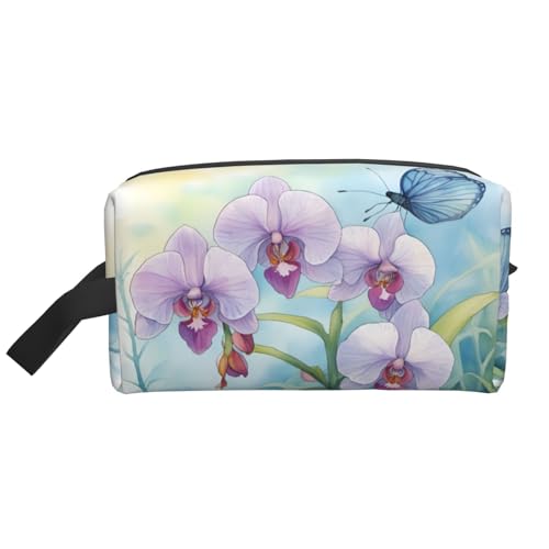 Lootpe Kosmetiktasche mit Orchideen-Blumen- und Schmetterlings-Motiv, weich, frisch, Frühlingsdruck, tragbare Reise-Make-up-Tasche, Kulturbeutel, große Make-up-Tasche für Damen von Lootpe