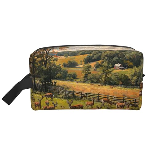 Lootpe Make-up-Tasche, Motiv: Bauernhof mit Hirschdruck, tragbare Reise-Make-up-Tasche, Kulturbeutel, große Make-up-Tasche für Damen von Lootpe