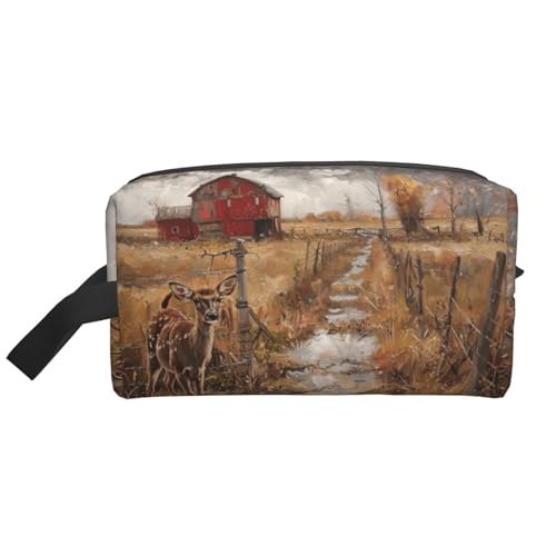 Lootpe Make-up-Tasche, Motiv: Bauernhof mit Hirschdruck, tragbare Reise-Make-up-Tasche, Kulturbeutel, große Make-up-Tasche für Damen von Lootpe