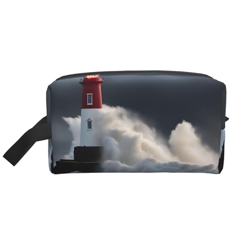 Lootpe Make-up-Tasche, Motiv: Leuchtturm im Sturm, tragbare Reise-Make-up-Tasche, Kulturbeutel, große Make-up-Tasche für Damen von Lootpe