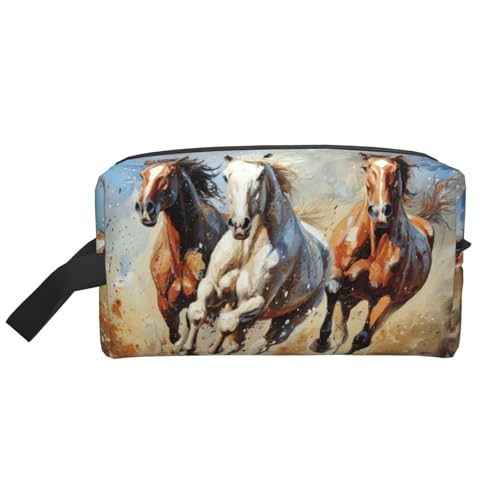 Lootpe Make-up-Tasche, Motiv: Pferde, mit Kunstdruck, tragbare Reise-Make-up-Tasche, Kulturbeutel, große Make-up-Tasche für Damen von Lootpe