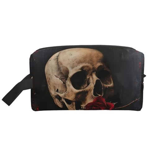 Lootpe Make-up-Tasche mit Totenkopf-Motiv und roter Rose, tragbare Reise-Make-up-Tasche, Kulturbeutel, große Make-up-Tasche für Damen von Lootpe