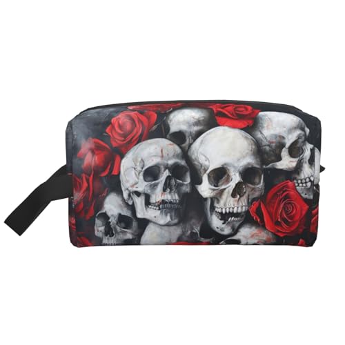 Lootpe Make-up-Tasche mit Totenkopf-Motiv und roter Rose, tragbare Reise-Make-up-Tasche, Kulturbeutel, große Make-up-Tasche für Damen von Lootpe
