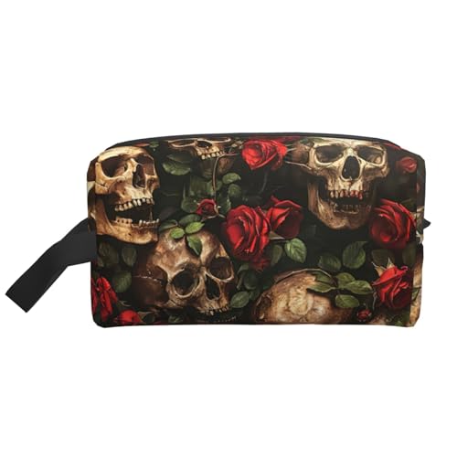 Lootpe Make-up-Tasche mit Totenkopf-Motiv und roter Rose, tragbare Reise-Make-up-Tasche, Kulturbeutel, große Make-up-Tasche für Damen von Lootpe