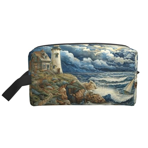 Lootpe The Seaside Make-up-Tasche mit Leuchtturm-Druck, tragbare Reise-Make-up-Tasche, Kulturbeutel, große Make-up-Tasche für Damen von Lootpe