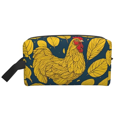 Make-up-Tasche mit gelben Blättern, Huhn-Druck, tragbare Reise-Make-up-Tasche, Kulturbeutel, große Make-up-Tasche für Damen von Lootpe