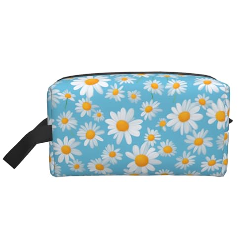 Make-up-Tasche mit weißem Gänseblümchen auf hellblauem Hintergrund, tragbare Reise-Make-up-Tasche, Kulturbeutel, große Make-up-Tasche für Damen von Lootpe