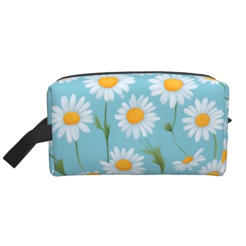 Make-up-Tasche mit weißem Gänseblümchen auf hellblauem Hintergrund, tragbare Reise-Make-up-Tasche, Kulturbeutel, große Make-up-Tasche für Damen von Lootpe