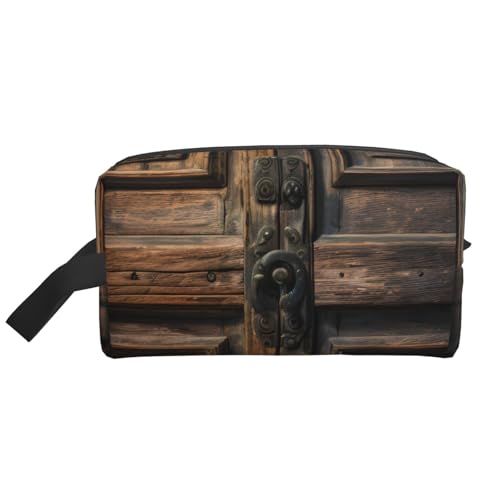 Rustikale Make-up-Tasche mit antikem Holztürdruck, tragbare Reise-Make-up-Tasche, Kulturbeutel, große Make-up-Tasche für Damen von Lootpe