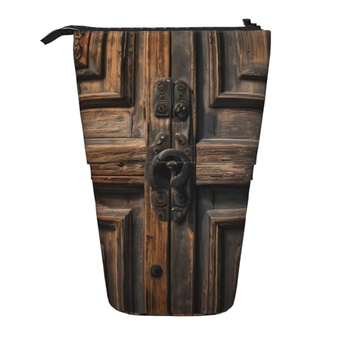 Rustikale Teleskop-Federtasche mit antikem Holztürdruck, Pop-Up-Federmäppchen, Stehstifthalter, niedliches Stifteetui, Federmäppchen von Lootpe