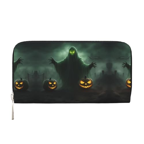 lootpe Green Ghost Horror Halloween Pumpkin Print Damen Geldbörse Damen Kreditkartenhalter Handy Geldbörse Geldbörse Lange Clutch Handtasche von Lootpe