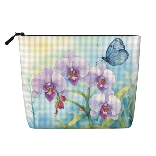 lootpe Kosmetiktasche mit Orchideen-Blumen- und Schmetterlings-Motiv, weich, frisch, Frühlingsdruck, große Kapazität, Kosmetiktasche für Damen, tragbare Kosmetiktasche, Kulturbeutel von Lootpe
