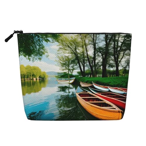 lootpe Reise-Make-up-Tasche, Motiv: See mit Booten, Kanus, Park, große Kapazität, Kosmetiktasche für Damen, tragbare Kosmetiktasche, Kulturbeutel von Lootpe