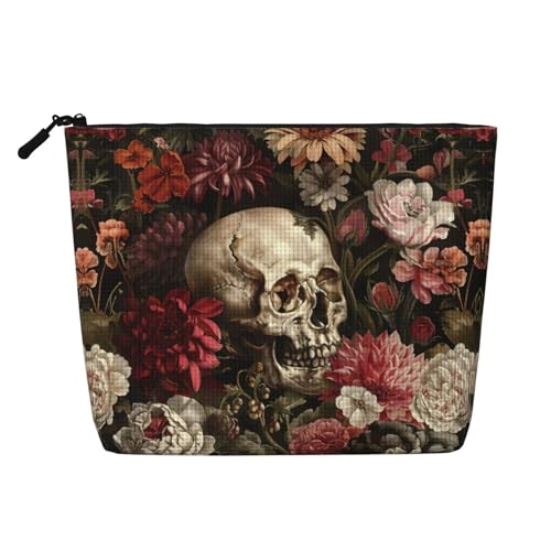lootpe Reise-Make-up-Tasche mit Blumen-Totenkopf-Motiv, große Kapazität, Kosmetiktasche für Damen, tragbare Kosmetiktasche, Kulturbeutel von Lootpe