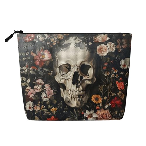 lootpe Reise-Make-up-Tasche mit Blumen-Totenkopf-Motiv, große Kapazität, Kosmetiktasche für Damen, tragbare Kosmetiktasche, Kulturbeutel von Lootpe