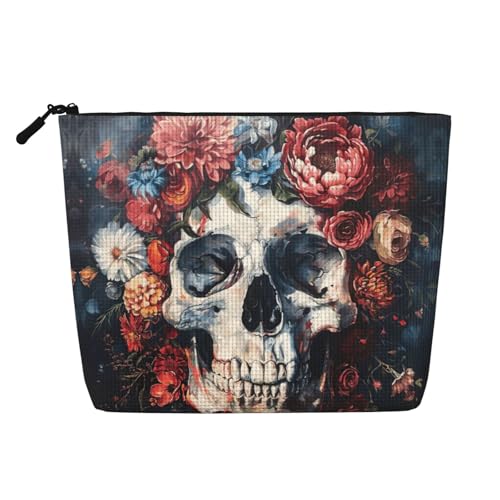 lootpe Reise-Make-up-Tasche mit Blumen-Totenkopf-Motiv, große Kapazität, Kosmetiktasche für Damen, tragbare Kosmetiktasche, Kulturbeutel von Lootpe