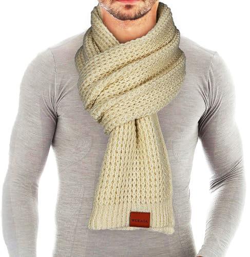 Loowoko Schal Herren damen,Klassische Waffel Strickschal,Winterschal Unisex Warmer Plüsch Schals,Langschal mit Echt-Leder Veredelung,Geschenk für Mann und Vater von Loowoko