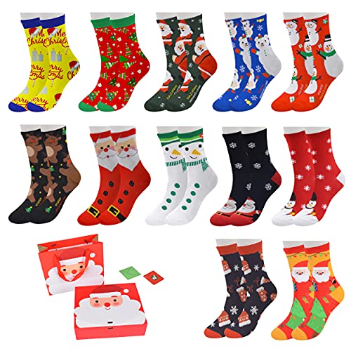 Loozykit 12 Paar Unisex Weihnachtssocken Christmas Socks Weihnachtsmotiv Weihnachten Festliche Herbst Winter Lustigem Muster Warme Baumwolle Socken für Damen und Herren (Mehrfarbig 1) von Loozykit