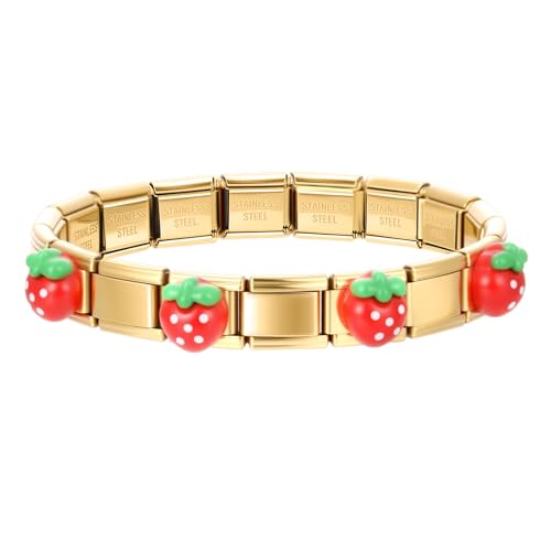 Loozykit 18 Italian charm bracelet gold silber italian charms mit Erdbeer Kirsche Anhänger modul Armband Edelstahl Italienische Charm Module armband Jungen Mädchen Geschenke(Erdbeer Patch gold) von Loozykit