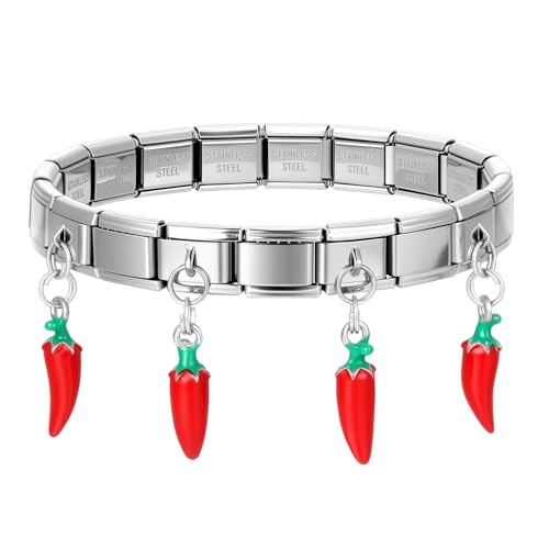 Loozykit 18 Italian charm bracelet gold silber italian charms mit Erdbeer Kirsche Anhänger modul Armband Edelstahl Italienische Charm Module armband Jungen Mädchen Geschenke(Silberpfeffer) von Loozykit