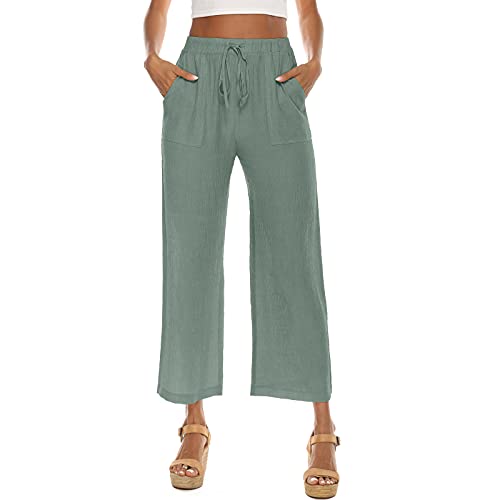 Loozykit Damen Loose Sommerhosen Lang Freizeithosen Sommer Weitehose Hohe Taille Gerade Breites Bein Hose mit Taschen Lässige Strandhosen Leichte Haremshosen(Grün，M) von Loozykit