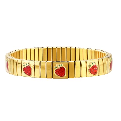 Loozykit Elastisches Edelstah Armband silber gold für Damen Dehnbarer Hypoallergener Schmuck Fertiges Armband Gelbgold Silber Unisex Geschenk Urlaubssouvenirs(Gold Erdbeere) von Loozykit