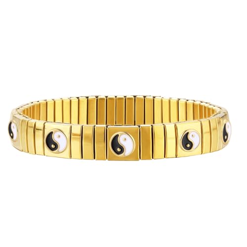 Loozykit Elastisches Edelstah Armband silber gold für Damen Dehnbarer Hypoallergener Schmuck Fertiges Armband Gelbgold Silber Unisex Geschenk Urlaubssouvenirs(Gold Klatsch) von Loozykit
