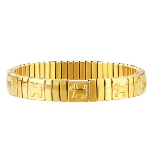 Loozykit Elastisches Edelstah Armband silber gold für Damen Dehnbarer Hypoallergener Schmuck Fertiges Armband Gelbgold Silber Unisex Geschenk Urlaubssouvenirs(Gold Welpe) von Loozykit